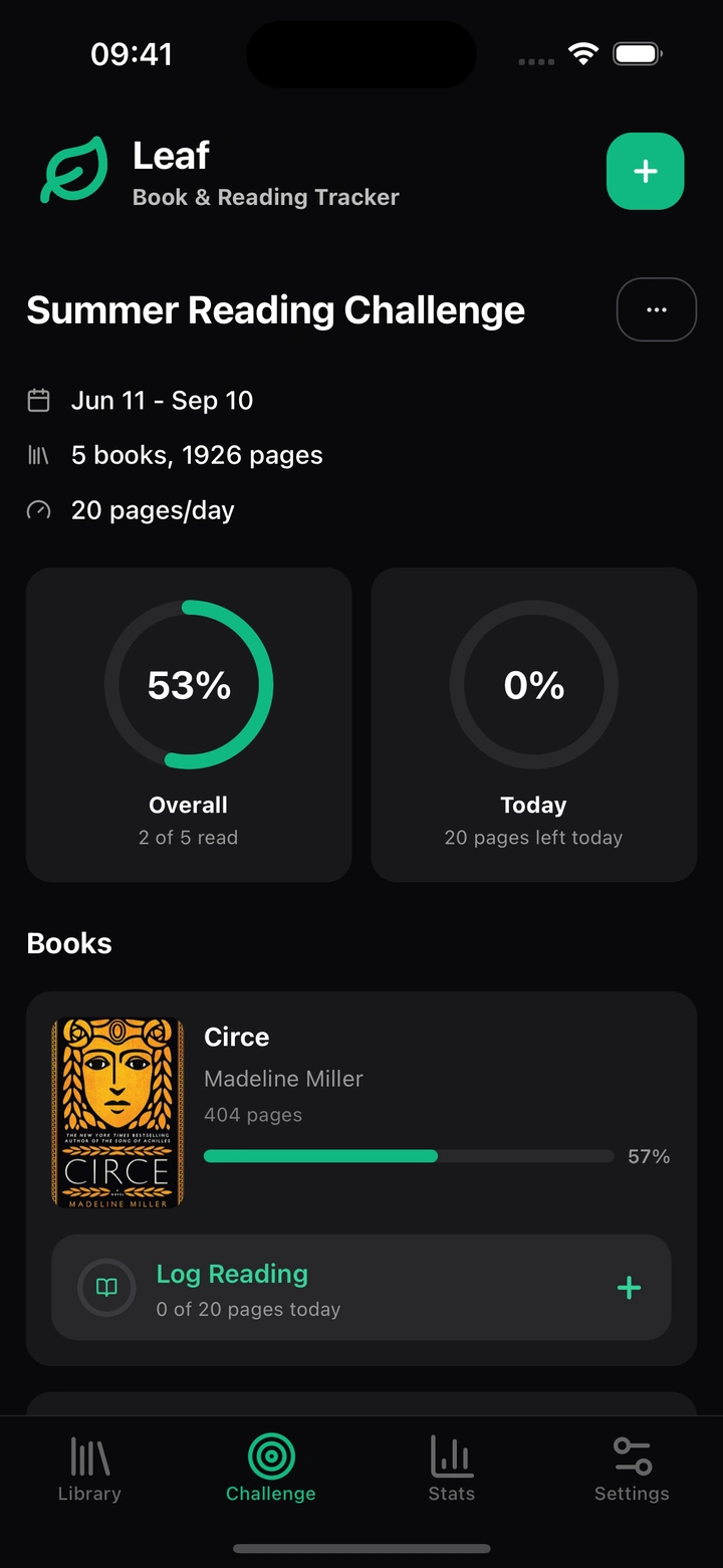 The challenge screen with today's page target and the book in progress