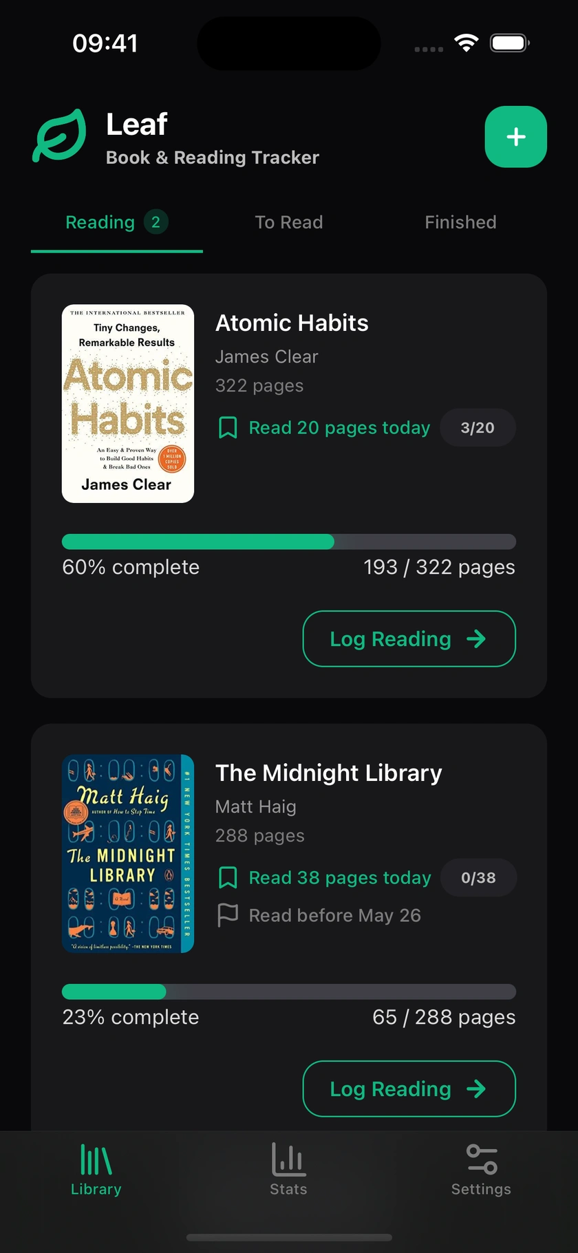 Leaf library tab with your current books