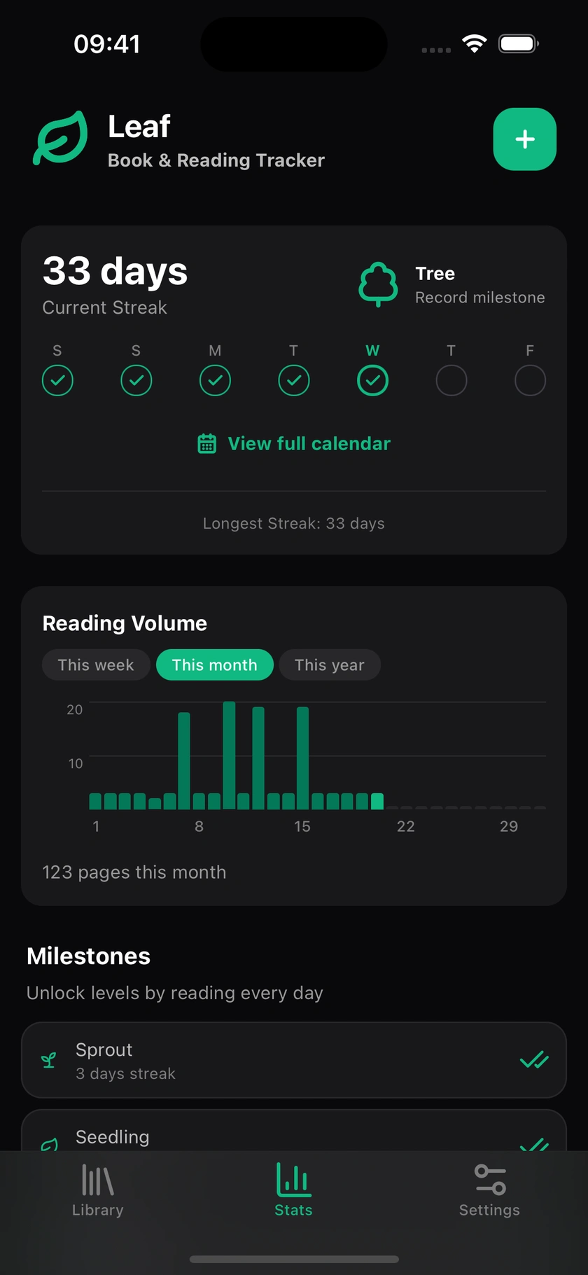 Reading stats with current streak and monthly page volume